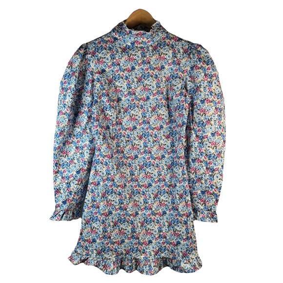 Nasty Gal Floral‎ Puff Sleeve Ruffle Hem Mini Dress Blue Pink Women's 6 NWT - Picture 2 of 11